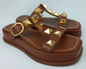 Valentino Women's Brown Roman Stud Leather T-Strap Sandals Slides Size 36 - Picture 1 of 7