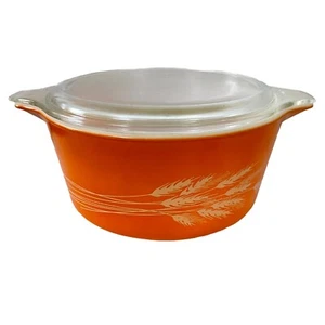 80s Vintage Medium Pyrex Autumn Harvest Wheat Bakeware Casserole Bowl Lid 475-B - Picture 1 of 11