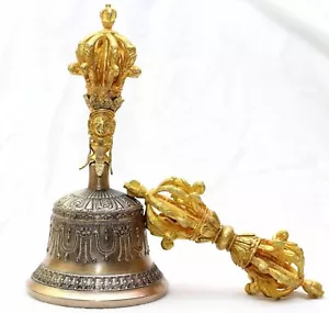 Campana di meditazione buddista tibetana 7 pollici bronzo, colpo di legno Dorje di thamelmart - Foto 1 di 8
