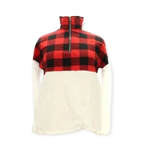 Unisex L Fleece Sweater Red Buffalo Plaid Pullover Ivory Sherpa Festive - Picture 1 of 2