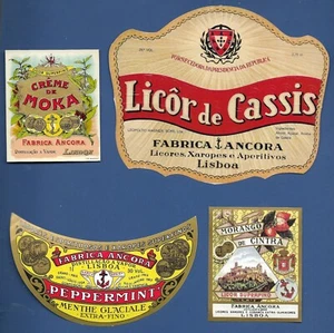 4 etichette liquori vintage NOS inutilizzate Licor Cassis Creme Moka menta piperita Lisbona - Foto 1 di 2