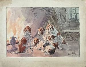 MARIE DIDIÈRE CALVÈS AQUARELLE ORIGINALE LES CHIENS DEVANT LA CHEMINÉE - Picture 1 of 5