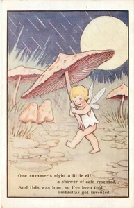 Postcard Fantasy Elf Fairy Uses Mushroom as Umbrella Signed Artist PHLO - Picture 1 of 2