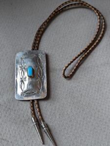 vintage BOLO TIE southwestern HANDCRAFTED turqoise SILVER?? indian