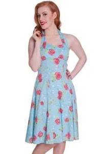FLORAL blue DRESS size 8 ~ Summer Rose Turquoise Wedding Cocktail Halter Neck - Picture 1 of 3