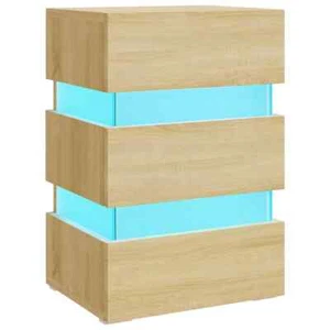 LED Lights Bedside Table Wooden Drawers Side Storage Cabinet Nightstand Lamp - Picture 1 of 11