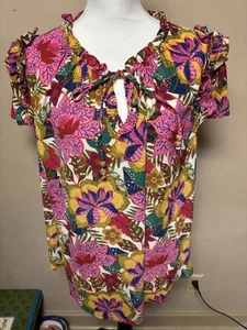 Rose + Olive colorful floral ruffle sleeve peasant blouse, 2X, polyester/spandex - Picture 1 of 9