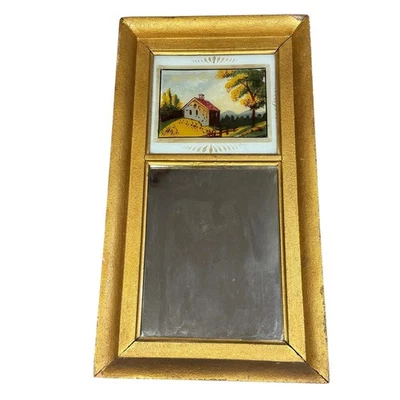 Espejo retrovisor de vidrio Eglomise Trumeau estilo federal vintage marco dorado Foto 1 de 4