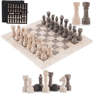 Marble Chess Set 15 Inch Travertine & Oceanic Checkers Board Game with Pieces... - Picture 1 of 6