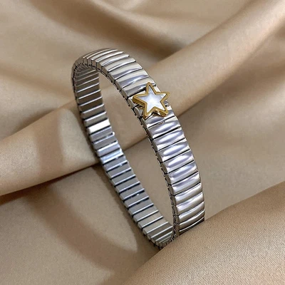 Pulsera de perlas de acero inoxidable para mujer ajustable estrella ancha capas redondas joyería Foto 1 de 4