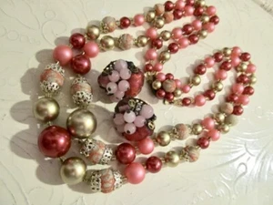VtG 2 Strand Cranberry & Mauve Beaded Clasp Necklace Clip Earrings Married SET - Picture 1 of 4