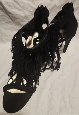 Zapato Ana A New Approach para mujer con flecos y cremallera trasera punta abierta 4" tacones 9,5 M negro  Foto 1 de 4