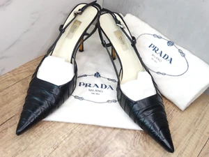 PRADA Italy Black Nappa Leather Pleated Pointed Toe Slingback High Heels 37 AUTH - Picture 1 of 24