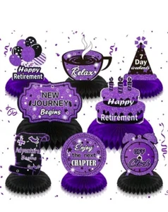 8Pcs Purple Retirement Decorations Purple and Black Retirement Table Honeycom... - Picture 1 of 1