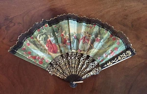 Vintage Lady's Hand Fan Black & Gold with Lace Trim and Garden Scene Fabric - Picture 1 of 12