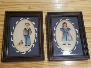 R Ross Matching Framed Folk Art Boy with dog Girl with book Watercolor Signed - Picture 1 of 8