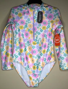 Wonder Nation Girls Long Sleeve Zip-Up Rash Guard 1PC Swimsuit Vivid White Lg - Picture 1 of 6