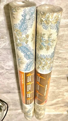 New Vintage Norwall Wash-Strip 2 Rolls Wallpaper 70s Blue Floral Stripe 57sqft - Image 1 of 4