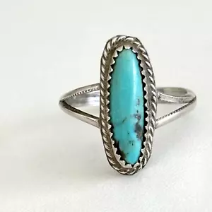 Anello Vintage Argento Sterling 925 Pietra Turchese Slim Spacco Gambo Fascia Misura 5 - Foto 1 di 10