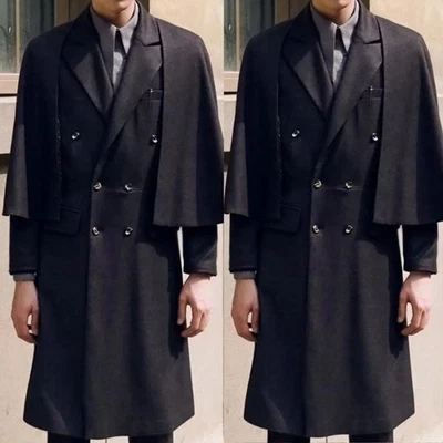 Black Wool Men's Overcoats with Cape Double Breasted Outdoor Casual Long Coats - Image 1 of 4