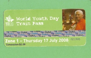 #D88.  2008  POPE BENEDICT XVI VISIT WORLD YOUTH DAY TRAIN PASS - ZONE 1  17th - Bild 1 von 2