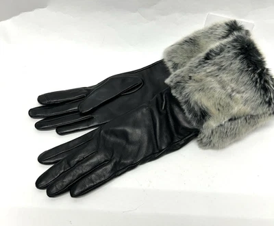 Guantes de cuero Lands End XS (6) negros con ribete de piel sintética para mujer (C2) Foto 1 de 4