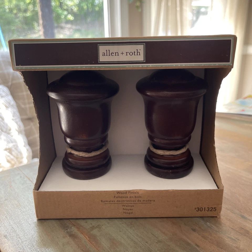 全新 Allen & Roth 2 Finials 棕色/胡桃色饰面 适合 1 3/8 或 1 3/4 杆 — 第 1/4 张图片