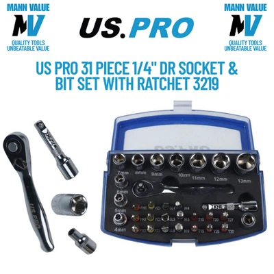 US PRO 31 Piece 1/4" Dr Socket & Bit Set With Ratchet 3219 - Image 1 of 4