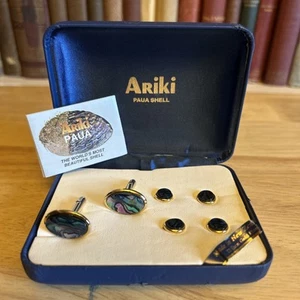 ARIKI Blue Abalone Cufflinks New Zealand Paua Shell 22k Gold Plate NOS - Picture 1 of 7