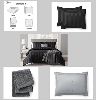 Juego de edredón Mainstays KING 5 piezas damasco a rayas - ropa de cama negra rica adulto NUEVO Foto 1 de 4