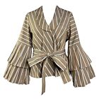 Alexis Wrap Top S Brown Striped Pleated Bell Sleeve Boho Belted Cotton Blouse