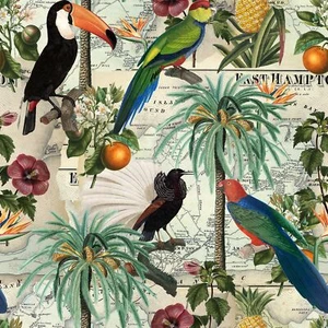 Vintage Vacation Tropical Birds Cotton Fabric - Picture 1 of 3