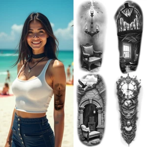 3pcs Temporary Tattoo Black And Grey Realism Hourglass And Skulls Candlestick - Picture 1 of 15