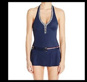 Tommy Hilfiger Swimdress Sz 10 Core Navy Multi Halter One Piece Swimsuit TH46205 - Picture 1 of 9