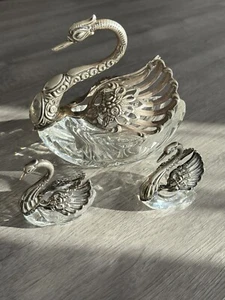 Art Deco Crystal & Silver Swan Set – Candy, Nuts, or Salt Cellars - Picture 1 of 24
