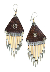Haken Ohrringe Kokosnuss Muschel Dreiecke & Bambus Tropfen aus Cuzco Peru Ethno - Bild 1 von 7