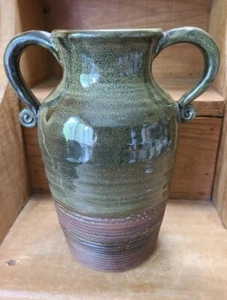 Pottery Vase Handles Green Brown 9" Tall Unlabeled - Picture 1 of 9