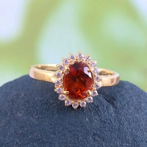 Anello granato hessonite naturale promessa art deco argento placcato oro 18 kt fatto a mano - Foto 1 di 3