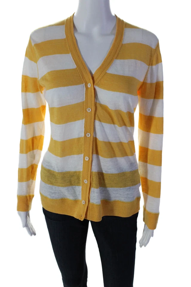 Lafayette 148 New York Womens Linen Yellow Striped V-Neck Cardigan Top Size S - Image 1 of 4