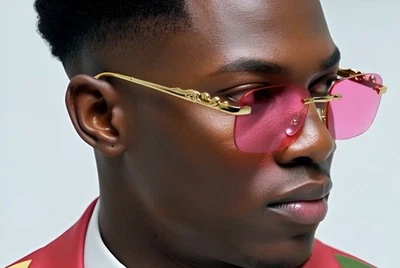 Мужские солнцезащитные очки квадратные розовые линзы без оправы дизайнерская золотая оправа хип-хоп очки - Изображение 1 из 4