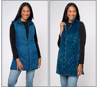 Dennis Basso Zip Front Faux Fur Rvrsble Vest Side Slits-Dreamy Blue-XS-A619588 - Image 1 of 2