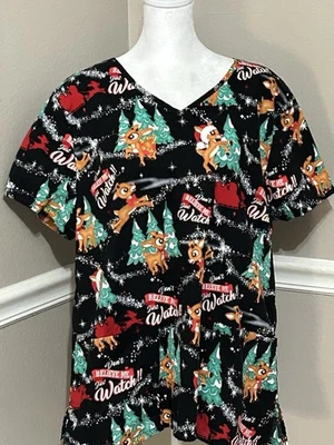 Rudolph the Red Nosed Reindeer Themed Scrubs Womens Size XL Pockets Adorable - Image 1 of 4