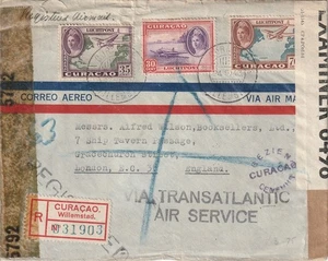 CURACAO: Zensierter Einschreiben Luftpostbrief Wilhelmstad nach England 1943, arr.canc - Bild 1 von 2