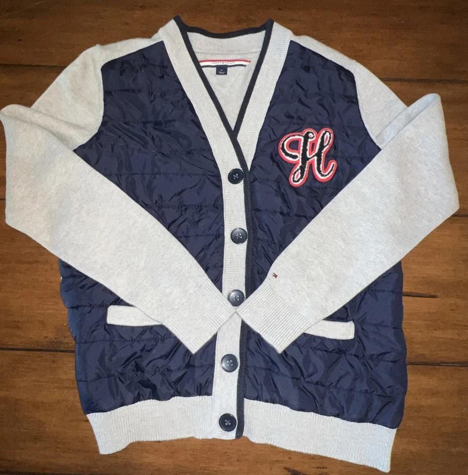 TOMMY HILFIGER Niños Talla Mediana Cárdigan Gris Suéter Azul Marino Chaqueta acolchada Letterman Foto 1 de 4