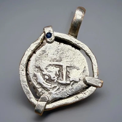 Authentic Spanish-Colonial Era 1-Real Silver Shipwreck Cob Coin & Sapphire Bezel - Image 1 of 4