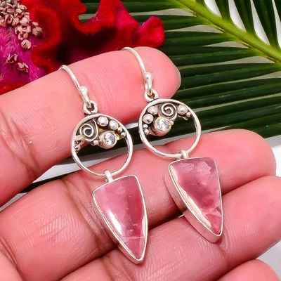 Rhodochrosite - Argentina & White Topaz 925 Sterling Silver Earring 2.03" Sku28 - Image 1 of 4