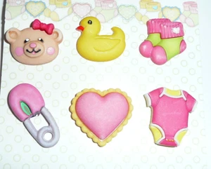 Baby Hugs - Baby Girl Pink 3D Realistic Shank Buttons (6) - Heart, Socks, Ducky - Picture 1 of 4