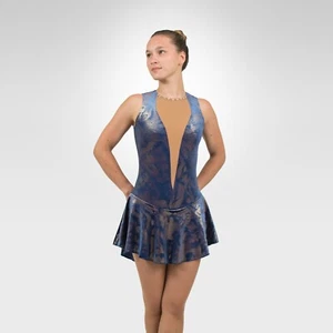 Eislauffigur Eislaufkleid Größe SMALL Erwachsene marineblau Samt/Gold Folie Druck - Bild 1 von 2