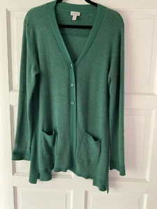 LOGO by Lori Goldstein Marled Knit Cardigan W/ Ribbed Panels, Evergreen, Small - Picture 1 of 8