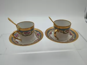 Pair of Legle Limoges France Demitasse Cup and Saucer Set Gold w/ Spoons - Picture 1 of 9